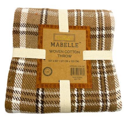 Brown and White Plaid Woven Cotton Throw