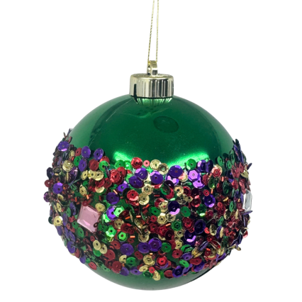5.5" Shiny Ball Ornament w/ Rainbow Sequins - Emerald