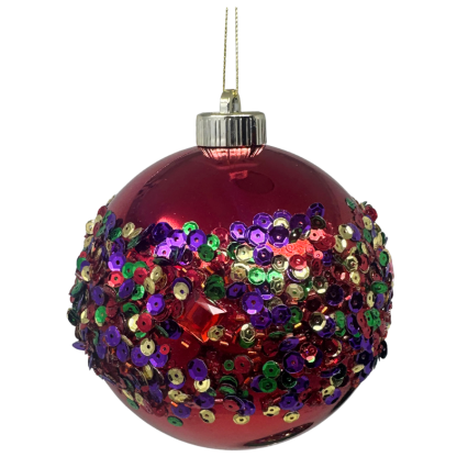 5.5" Shiny Ball Ornament w/ Rainbow Sequins - Red