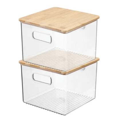 Clear Stackable Bins with Bamboo Lid - 2 Pack