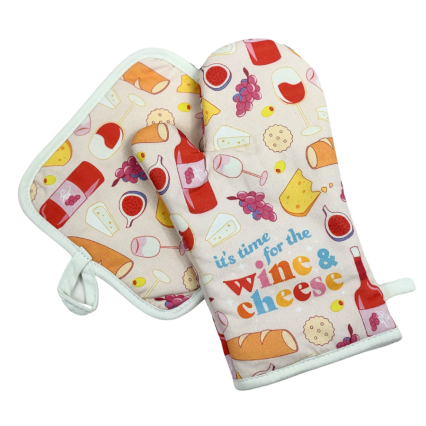 Time for Wine and Cheese Oven Mitt and Potholder Set