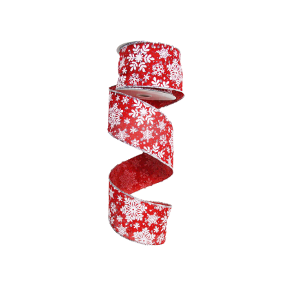 2.5" x 10yd Silver Snowflakes w/ Glitter on Red Ribbon