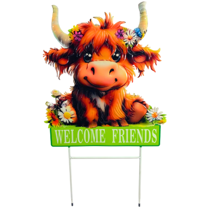 29" Metal Welcome Friends Hairy Cow Yard Stake