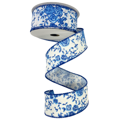 1.5" x 10yd Blue Floral Wired Ribbon