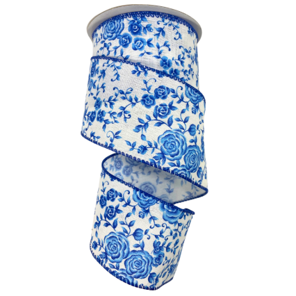 2.5" x 10yd Blue Floral Wired Ribbon