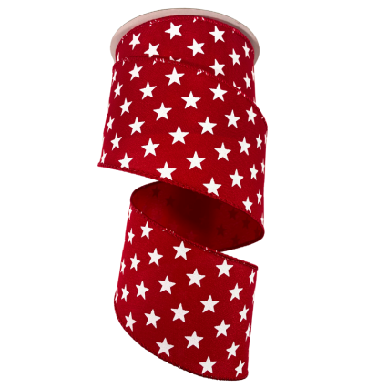 2.5" x 10yd White Stars on Red Ribbon