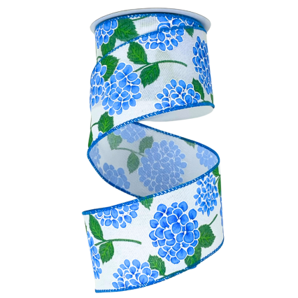 2.5" x 10yd Blue Hydrangeas on White Ribbon