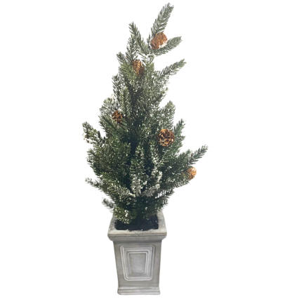 21" Snowed Pine Bush w/ Pinecones in Pot