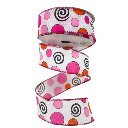 1.5" x 10yd Pink and Orange Dots and Swirls Ribbon