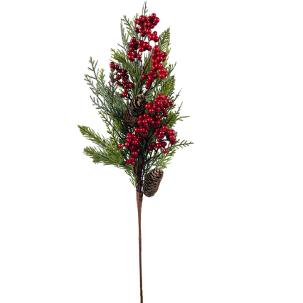 24" Mixed Evergreen Spray with Red Berries & Pinecones