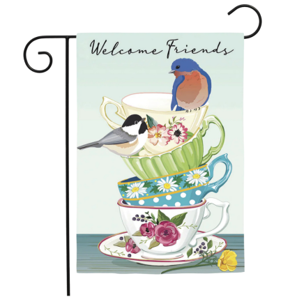 Songbirds and Teacups Applique Garden Flag