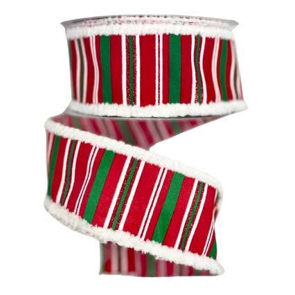 2.5" x 10yd Red, Green, and White Striped Ribbon w/ Fuzzy Boarder