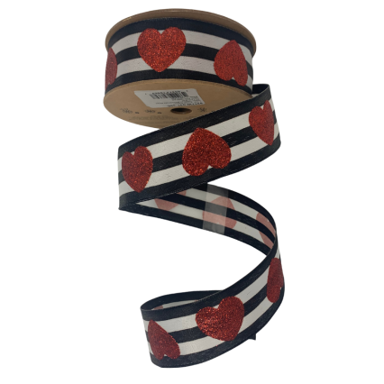 1.5" x 10yd Glitter Heart on Black/ White Stripe Ribbon