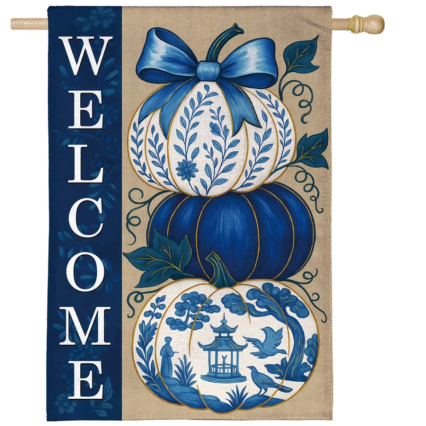 Chinoiserie Welcome Pumpkin Burlap House Flag
