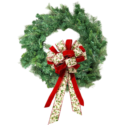 30" Pine Wreath w/ Red & Holly Bow