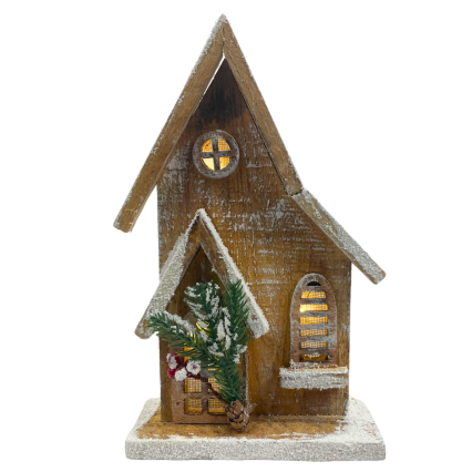 11" Brown Light-up House with Snow