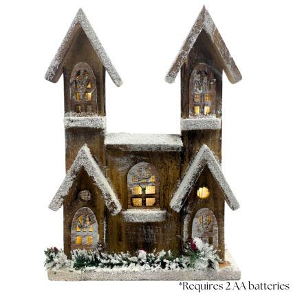 12" Brown Lighted Townhouse with Snow