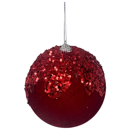 5" Velvet & Sequin Ball Ornament- Burgundy