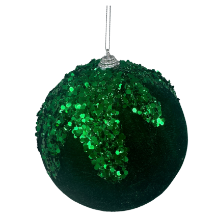 5" Velvet & Sequin Ball Ornament- Emerald Green