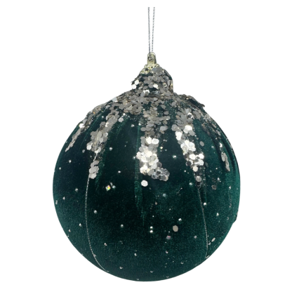 5.5" Emerald Velvet w/ Silver Sparkle Ball Ornament