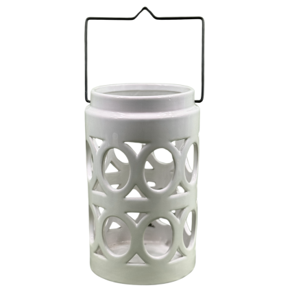 12" White Ceramic Lantern with Flameless Flickering Candle