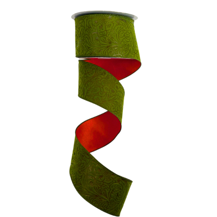 2.5" x 10yd Reversable Green Embossed and Red Ribbon