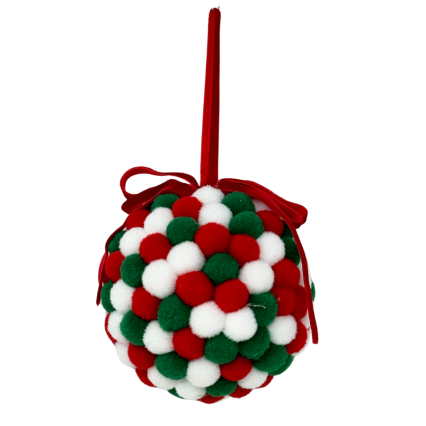 4" Whimsical Pom Pom Ball Ornament- Red, Green & White