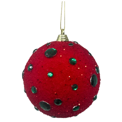 4" Red Velvet w/ Green Jewels Ball Ornament
