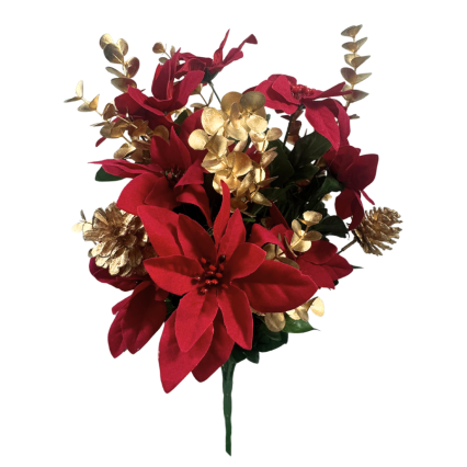 18" Poinsettia & Gold Eucalyptus Mixed Bush