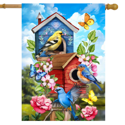 Floral Birdhouses House Flag