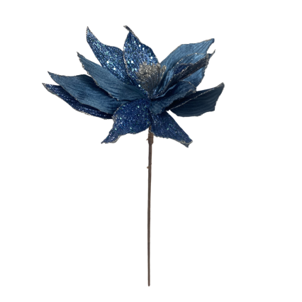 24" Velvet Glitter Poinsettia Stem- Deep Blue