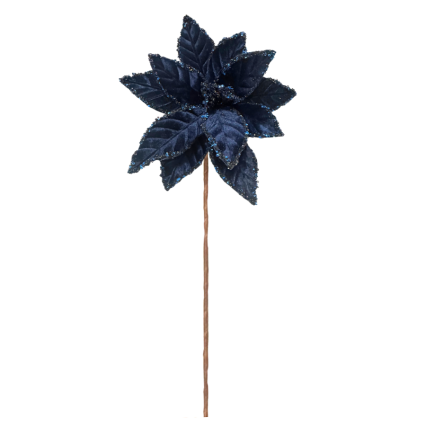 24" Sequin Edged Velvet Poinsettia Stem - Dark Blue