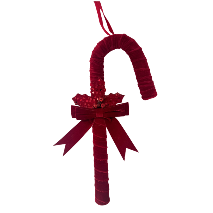 18" Velvet Candy Cane w/ Bow & Holly