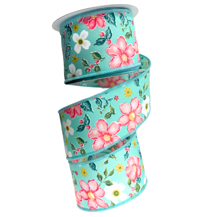 2.5" x 10yd Florals on Blue Ribbon