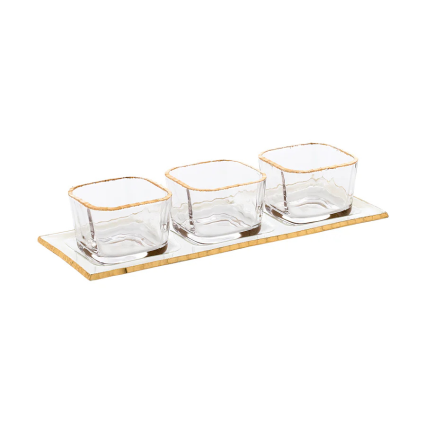 Gold Rim Cube Glass Bowls w/ Tray