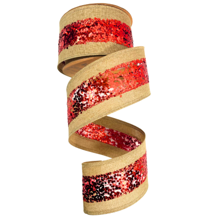 2.5" x 10yd Metallic Striped Natural/ Red Ribbon