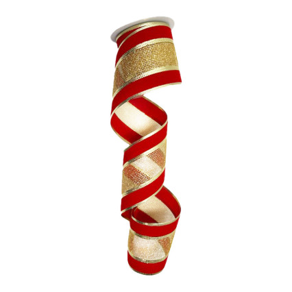 4" x 10yd Red Velvet Ribbon w/ Gold Mesh Center