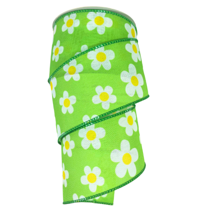 2.5" x 10yd White Daisies on Green Ribbon