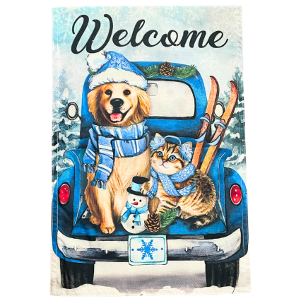 Dog, Cat, and Snowman Welcome Ski Garden Flag