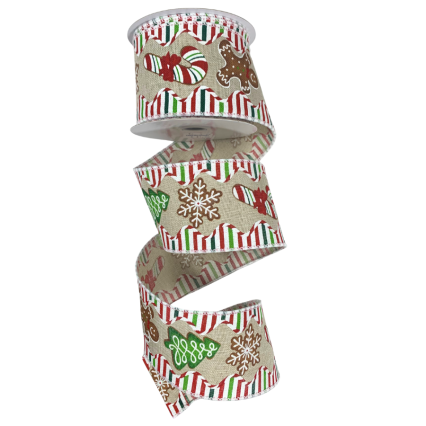 2.5" x 10yd Gingerbread & Candy Canes on Natural Ribbon