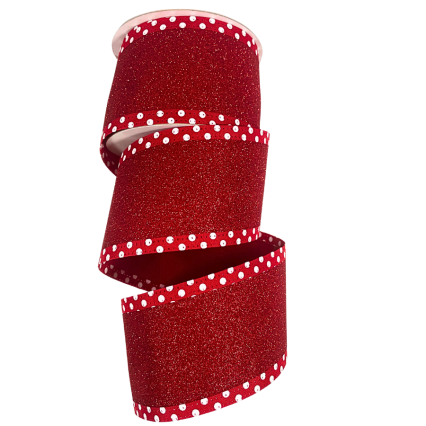 2.5" x 10yd Red Glitter Ribbon w/ Polka Dot Boarder
