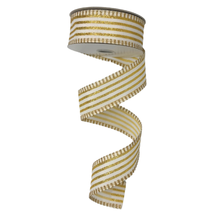1.5" x10yd Gold Glitter Stripes on White Ribbon