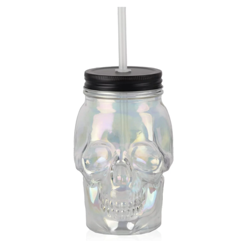 18oz Clear Iridescent Glass Skull Sipper