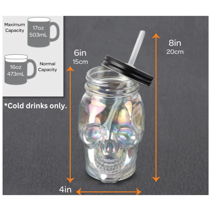 18oz Clear Iridescent Glass Skull Sipper