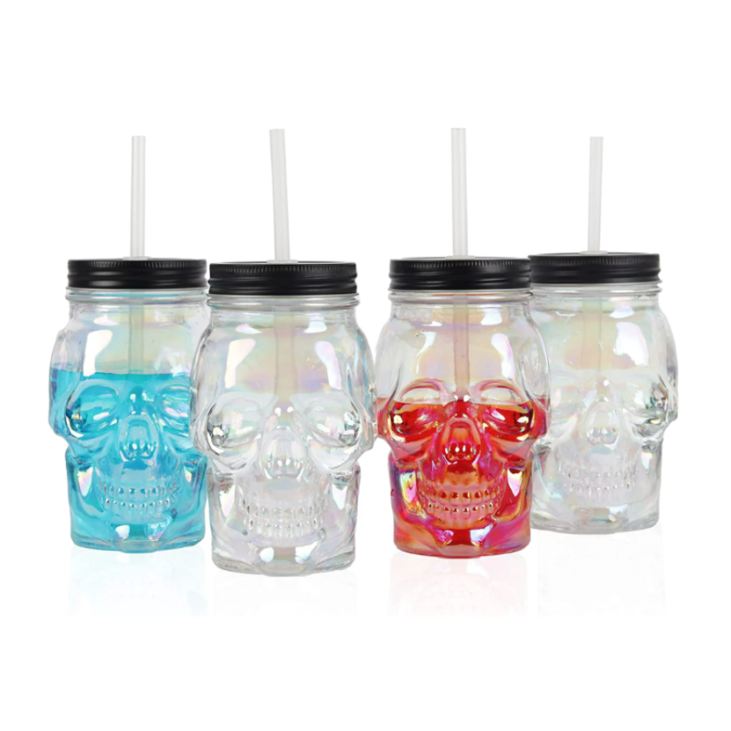 18oz Clear Iridescent Glass Skull Sipper