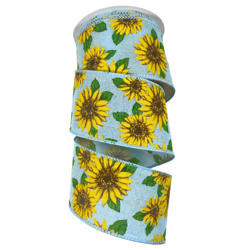 2.5" x 10yd Sunflowers on Blue Ribbon