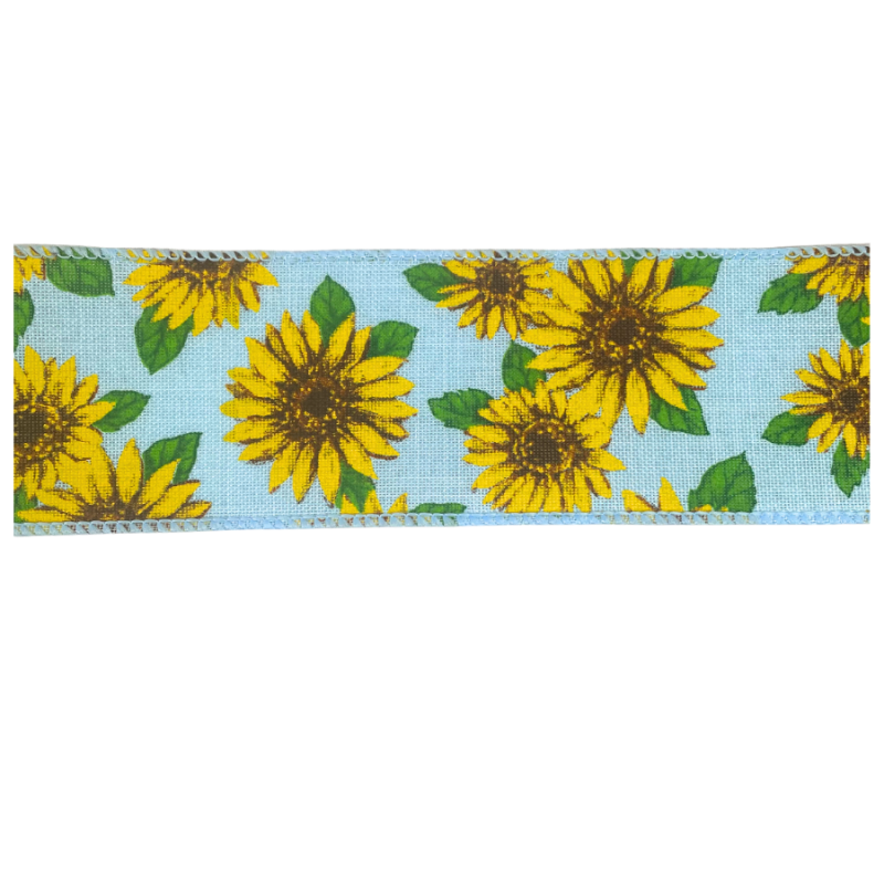 2.5" x 10yd Sunflowers on Blue Ribbon