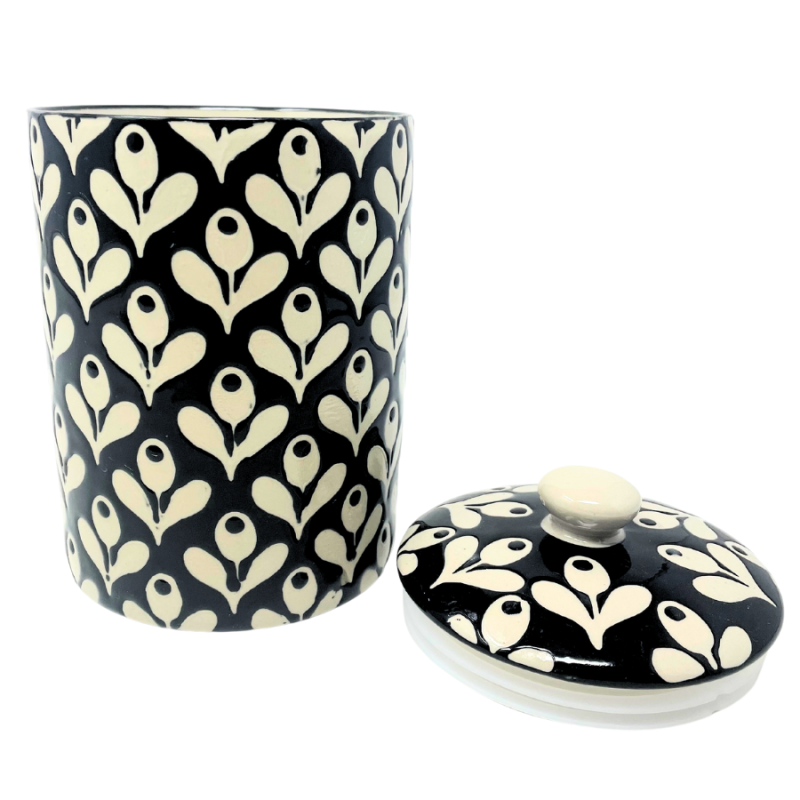 7" Black & Cream Embossed Flower Canister