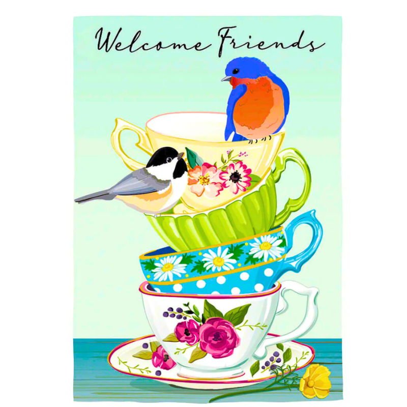 Songbirds and Teacups Applique Garden Flag