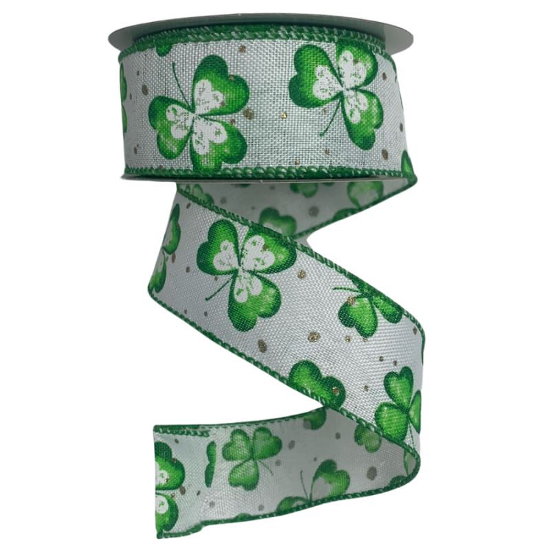 1.5" x 10yd White with Green Clovers Ribbon